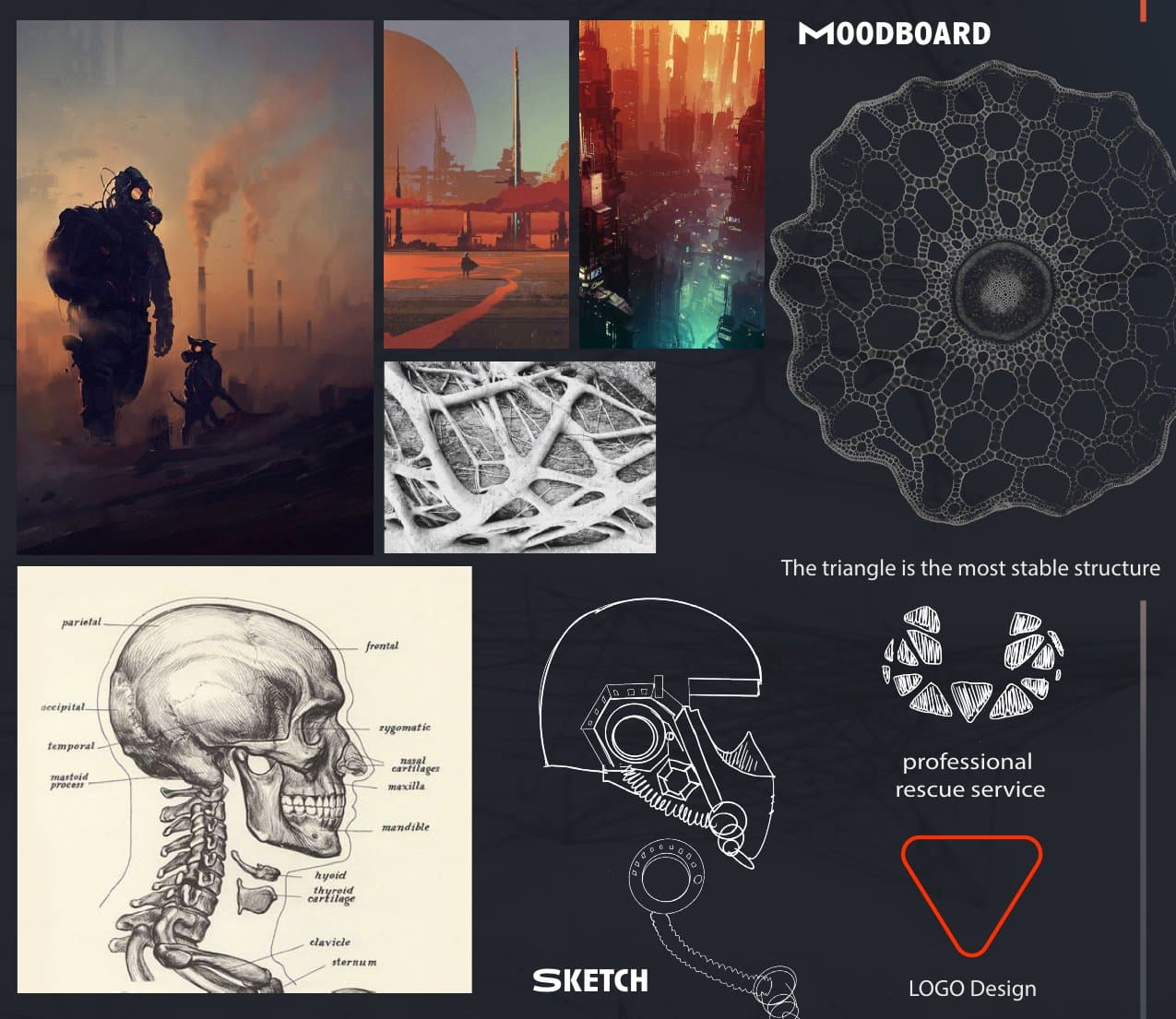 Moodboard, skull reference, sketch and the triangle logo.