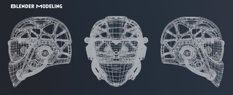 Blender wireframes: side, front and three-quarter.
